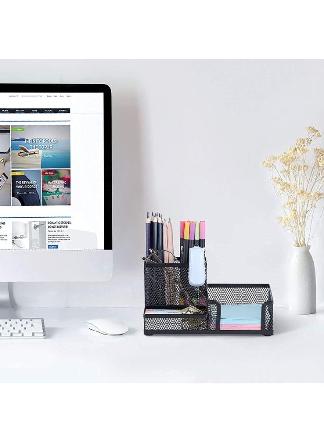 FAYET Black Mesh Desk Organizer Pencil Holder with Sticky Notes Slot, Metal Office Supplies Caddy for Pens, Pencils, Scissors and Paper Clips for Home, School and Office - Image 5